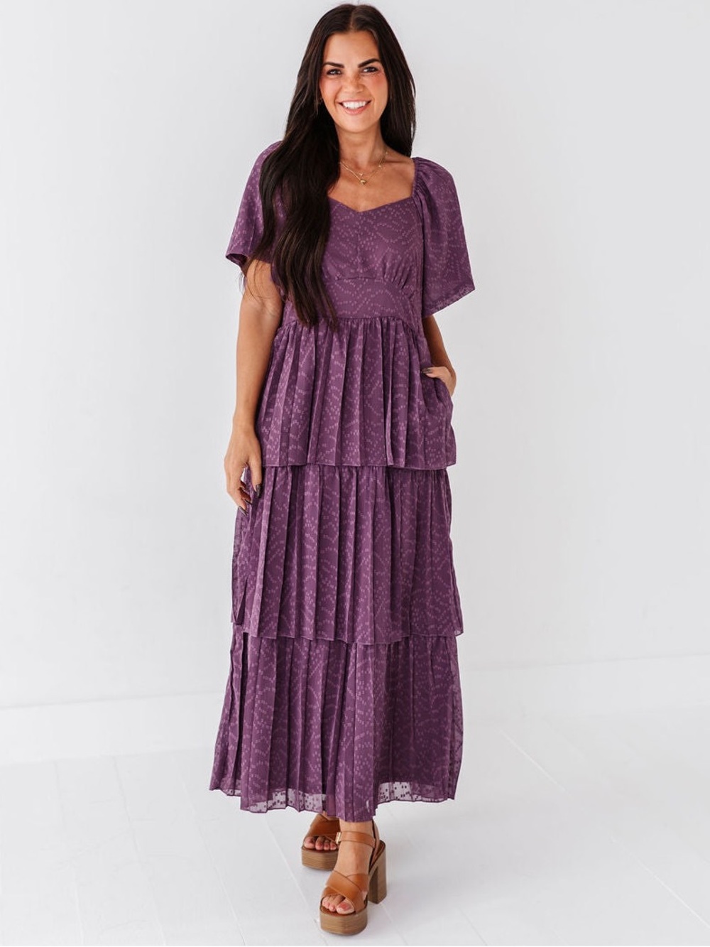 EUC Livy & Kate Leia n Co Dusty Purple Miranda Pleated Tiered Flutter Maxi Dress